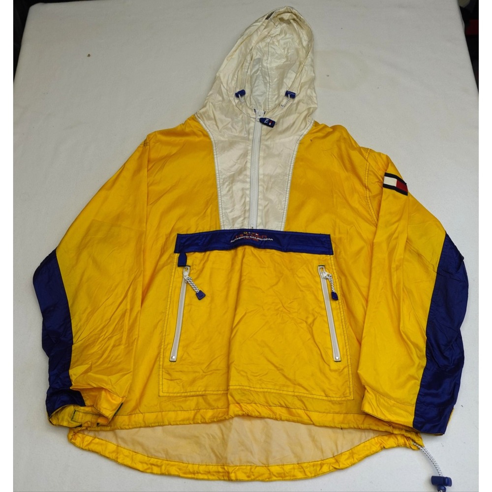 Tommy Hilfiger Jacket Mens XL Yellow Hooded 1/4 Zip Anorak Nylon Windbreaker